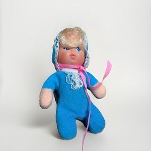 Mattel‎ Baby Bitty Beans Baby Doll 3in Bean Bag Sleeper Bonnet Blue 1978 Vintage